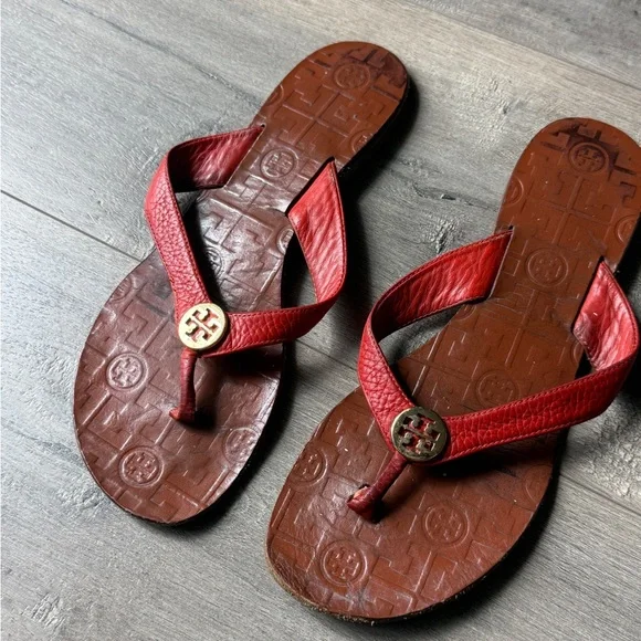 Tory Burch Red Leather Flip Flops Size 9 - Picture 2 of 10